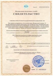 Свидетельство о внесении записи в Единый государственный реестр юридических лиц